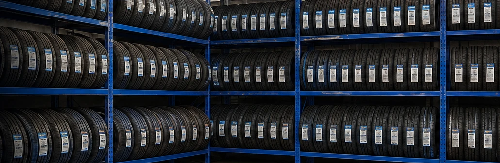 Illustrative close-up of a tire rack; not a photograph of the shop